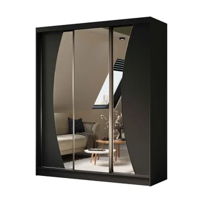 Produktbild von Schwebetürenschrank VOX 180 cm – Kleiderschrank mit Schubkasteneinsätze, Spiegel & Schiebetüren (Schwarz)