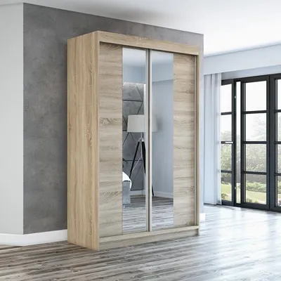 Produktbild von Schwebetürenschrank, 2-türig Schrank mit Spiegel! Moderne Garderobe für Kleidung. Verschiedene Farben (Weiß, Schwarz, Somona) Kleiderschrank NEO 120 cm