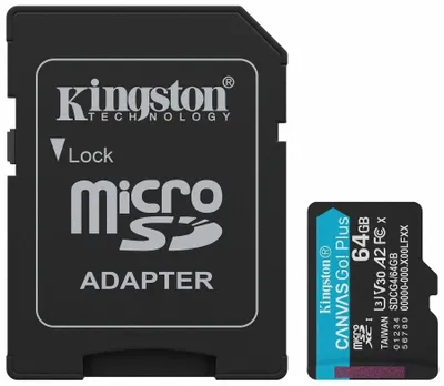 Obrázek produktu pro Kingston Technology 64GB microSDXC karta Canvas Go! Plus Gen4 200 MB/s A2 U3 V30 + adaptér, 64 GB, MicroSD, Třída 10, UHS-I, 200 MB/s, 100 MB/s