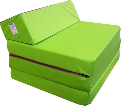 A folded mattress or futon in a bright green color.
