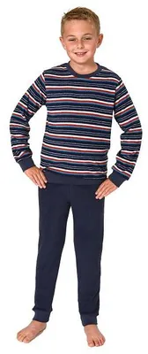Produktbild von Jungen Frottee Pyjama in Ringel-Optik, warmer Schlafanzug mit Bündchen in tollen Farben ; rot1 , 152