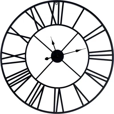 A black metal wall clock with Roman numerals on a white background.