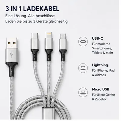 Produktbild von 3in1 Ladekabel 1,2m USB auf USB-C Lightning Micro USB silber , E6601