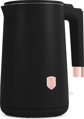 A black electric kettle with rose gold accents, shown against a white background.