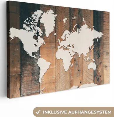 Produktbild von MuchoWow® - Leinwandbilder - Weltkarte - Holz - Weiß, Wandbild, Wanddeko Bilder Wohnzimmer, 30x20 cm
