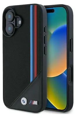 Produktbild von BMW M Meshed Tricolor Stripes MagSafe Case für iPhone 16 - Schwarz