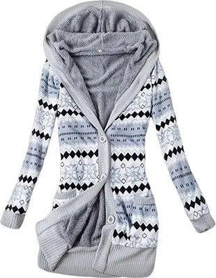 Produktbild von ASKSA Damen Drucken Strickpullover Strickjacke Knopf Plüschjacke mit Taschen Mittellange Sweater, Blau, S