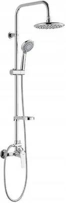 A chrome shower set with a rain shower head and a handheld shower head, mounted on a vertical pole.