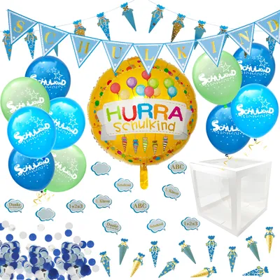 Produktbild von Oblique Unique Schuleinführung Schulanfang Einschulung Deko Set für Jungen - Ballonbox + Girlanden + Ballons + Konfetti