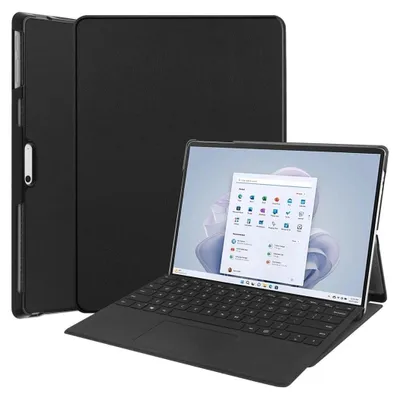 A black tablet case with a Microsoft Surface Pro tablet inside, showing the screen and keyboard.