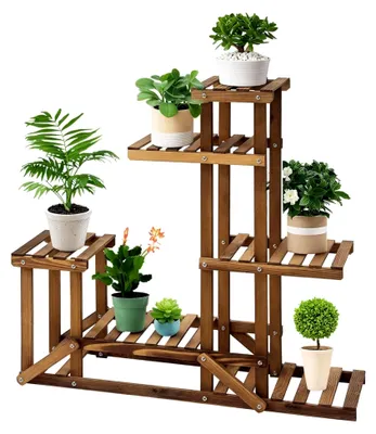 Produktbild von Pflanzenregal mit 6 Ebenen, vierstufiges Blumenregal aus massivem Holz, verkohlt, 98 x 28 x 96,5 cm