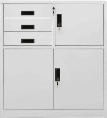 A light gray metal office cabinet with drawers and doors.