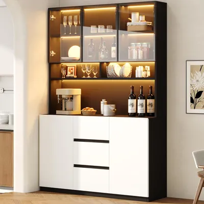 Productafbeelding van Vitrinekast 120x200 cm, met LED-verlichting, grijze glazen deuren, open planken, 2 deuren, 3 lades, MDF (zwart/wit)