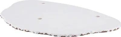 A white, irregularly shaped object with a rough brown edge and three small holes is shown against a white background.