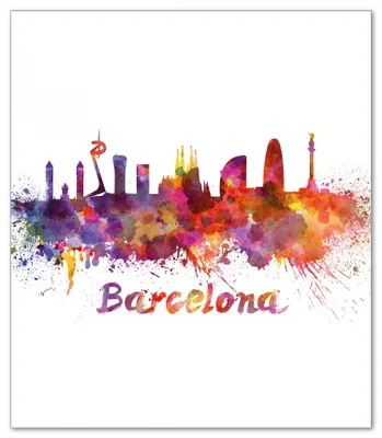 Produktbild von Wallario Herdabdeckplatte aus Glas, Größe 52 x 60 cm 1-teilig, Motiv Städte als Aquarell - Skyline von Barcelona