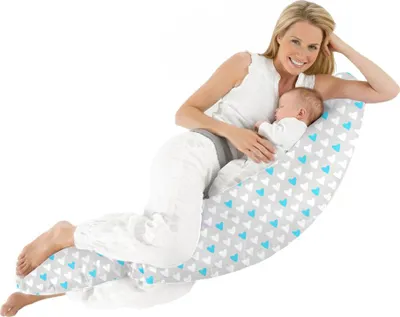 Immagine prodotto di Grande cuscino per la gravidanza a forma di boomerang con croissant e bozzolo per chi dorme di lato e allatta - Cuori turchesi
