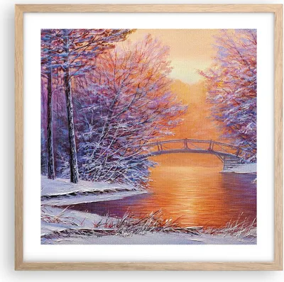 Produktbild von Gerahmtes Poster - Rahmen in heller Eiche - Brücke Schnee Wald - 50x50 cm - Wand Bild - Wanddeko - Wandbilder - Kunstposter - Wandposter - Bilderrahmen - Bilder - Kunstdruck - P2NAC50x50-4545