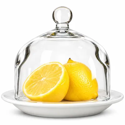 Produktbild von Glashaube mit Porzellanteller Glasglocke Zitronenglocke Glasdom Dekoglocke