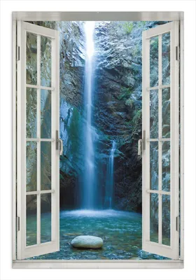 Produktbild von Wallario Wandbild mit Fenster-Illusion: Wasserfall bei Sonneneinfall, Größe: 61 x 91,5 cm, Poster mit rahmenlosen Bildhalter