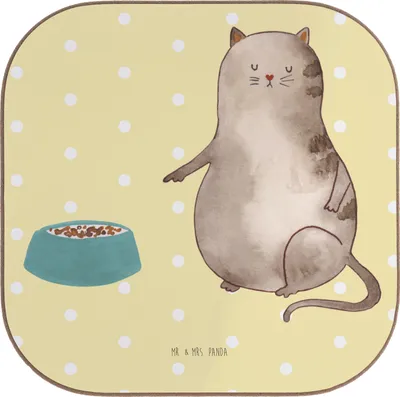 Produktbild von Mr. & Mrs. Panda Untersetzer Tasse Katze Fressen - Gelb Pastell - Geschenk, Coaster, Holzuntersetzer, Glas, Gläser, für, gläseruntersetzer