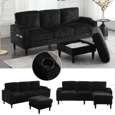 Productafbeelding van Bank voor 4 personen met voetenbankje, opbergruimte in het voetenbankje, chenille bekleding, bekerhouders en zijvakken, zwart, 196,5 x 75 x 77 cm