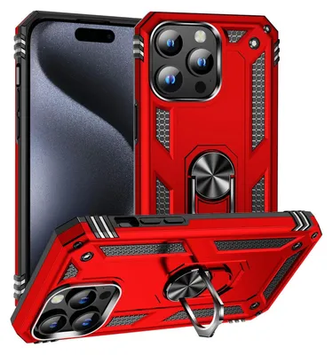 A red protective phone case with a ring holder is shown from multiple angles, with a phone partially visible.