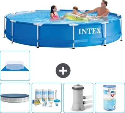Zdjęcie produktu dla Basen Intex z okrągłą ramą - 366 x 76 cm - niebieski - zawiera pokrywę - pakiet konserwacyjny - pompa filtrująca do basenu - filtr - pokrywa naziemna