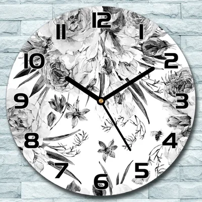 Produktbild von Wanduhr aus Glas Rund fi 30 Grauer Blumenstrauß Quarz Deko Wohnzimmer Büro