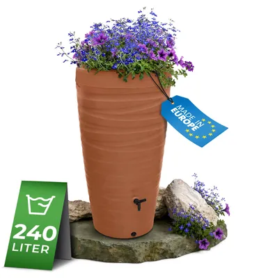 Produktbild von YourCasa Regentonne 240 Liter [Wave Design] Regenfass Frostsicher aus Kunststoff - Regenwassertonne mit Wasserhahn Bepflanzbar