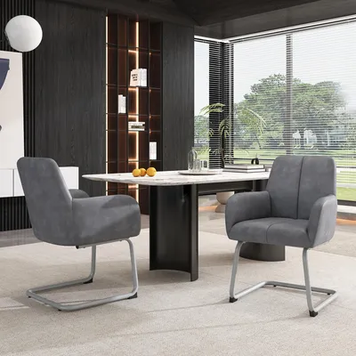 Produktbild von Esszimmerstuhl 2er Set, Polsterstuhl Grau, Mikrofaser Leder Stuhl, Küchenstuhl Armlehne, Moderner Sessel Wohnzimmer, Designstuhl Metallfüße, Ergonomischer Stuhl, Loft Möbel, Schalenstuhl grau, Konferenzstuhl Lederoptik, Minimalistischer Sessel, Schminktisch Stuhl, bequemer Polstersessel, Freischwinger Optik.