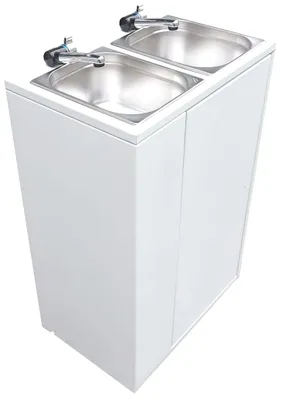 Produktbild von Mobiles Doppelwaschbecken mit Durchlauferhitzer 50°C | Autark ohne Wasseranschluss | 2 Becken Spüle mit Frisch- & Abwassertank | Gastro Kosmetik Werks