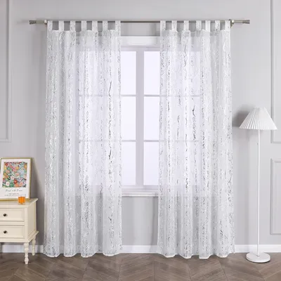 Produktbild von Joyswahl Vorhang mit Schlaufen Voile Gardine mit glänzendem Zweigdruck Transparent Schlafzimmer Wohnzimmer HxB 145x140 cm Silber 1 Stück