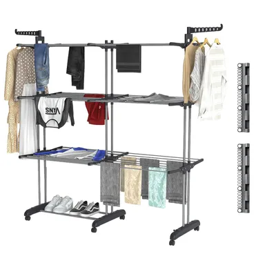 Produktbild von Doppelreihen Wäscheständer mit 2 Stück Sockentrockner, 4 Ebenen, klappbare Flügel, Standtrockner, einfacher Aufbau, groß, Grau