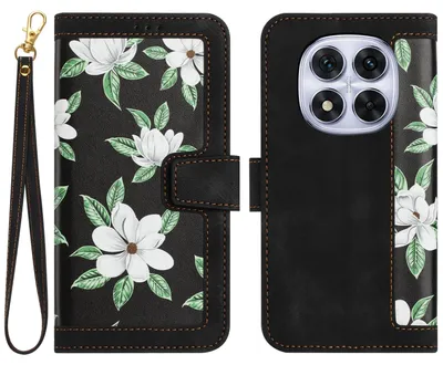 Produktbild von Für Xiaomi Redmi Note 14 Pro 5G Kunstleder Wallet Handy Tasche Blumen Design Hülle Etuis Schwarz