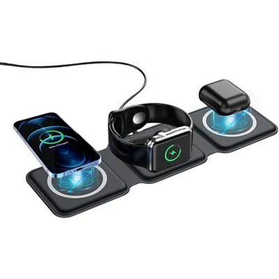 Produktbild von Wireless Charger 3 in 1,magnetische faltbare Ladestation, schnelles kabelloses Ladepad,kompatibel mit iPhone 13/12/11/8/SE/XS/Max, iWatch, AirPods 3/2/Pro und Samsung (Schwarz, keine Adapter )