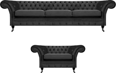 Produktbild von Wohnzimmer Polstermöbel Schwarz Dreisitze Sofa 3+1 Sessel Chesterfield