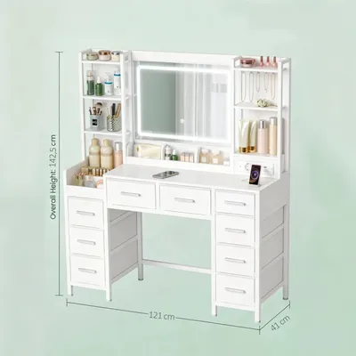 Productafbeelding van Make-up tafel met spiegel - Kaptafel - 120 cm - 3-kleurige, verstelbare LED-verlichting - Stroomstrip - 9 lades - Open opbergruimte - Wit