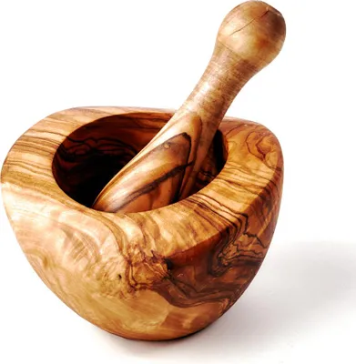 Produktbild von Mörser und Stößel aus Olivenholz, halbrund 14 cm