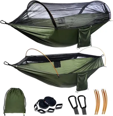 Produktbild von PromoHome® Doppelhängematte mit Moskitonetz – Leicht und tragbar für den Außenbereich, 290 x 140 cm, Grün