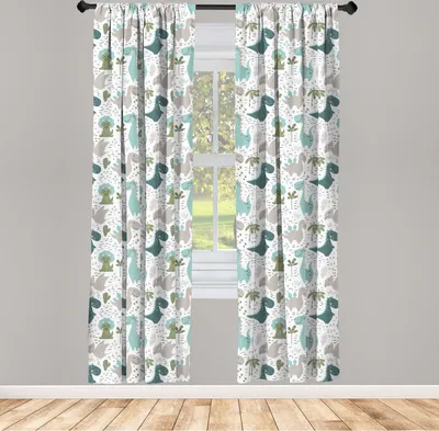 Produktbild von ABAKUHAUS Kindisch Vorhänge, Gardinen, Smiling Baby-Dinosaurier mit Palm und Kaktus, 2 Stück 75 x 225 cm, , Weiß Seafoam schwachgrau