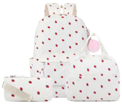 Zdjęcie produktu dla Plecaki szkolne dla dziewczynek, wykonane z tkaniny corduroy, zestaw 3-częściowy, 15 cali, w zestawie lunchbox i piórnik