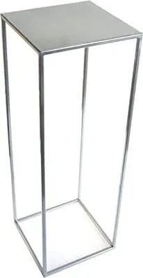 A silver metal plant stand with a square top and base, shown against a white background.