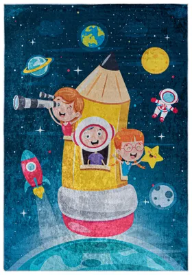 Produktbild von Mazovia Kinderteppich Weltall Bunt Blau 120x170 cm Kurzflor Pflegeleicht Spielteppich für Kinderzimmer