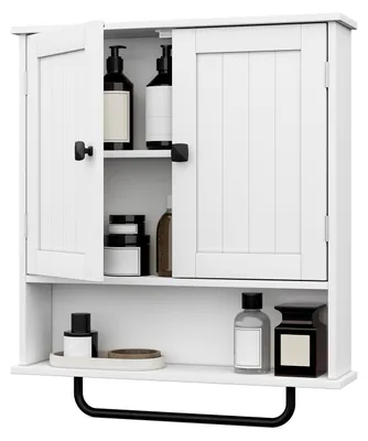 Productafbeelding van Badkamerplanken met handdoekhouder, opbergkast met 2 deuren en verstelbaar plankje, wandplank voor de badkamer of wasruimte, wit