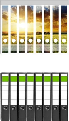 Produktbild von Wallario 8 Stück schmale Ordner inkl. Klebeetiketten mit Motive Feldweg in den Sonnenuntergang -  Set mit Rückenschildern / Ordnerrücken Stickern
