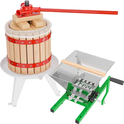 Produktbild von Zestaw Wiltec 12L wyciskarka do owoców wykonana z drewna bukowego, w tym ściereczka do wyciskania i młynek do owoców z lejkiem 7L, do produkcji soku, wina i zacieru