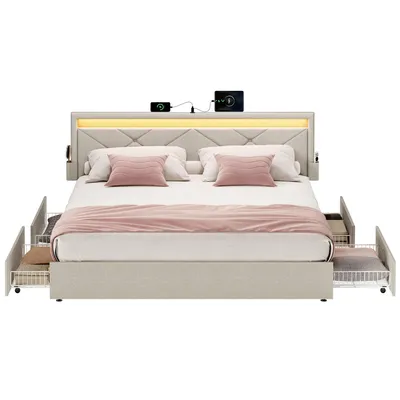 Produktbild von VASAGLE Doppelbettgestell, Bettgestell, 160 x 200 cm, LED, Metallbett, 4 Schubladen, Ladestation, verstellbares gepolstertes Kopfteil, Cappuccinobeige