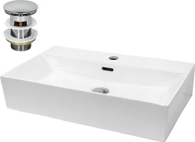 Produktbild von LuxeBath Waschbecken Aufsatzwaschbecken Eckig, 51,5x36x13 cm, Weiß, aus Keramik, inkl. Ablaufgarnitur mit Überlauf
