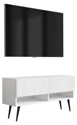 Zdjęcie produktu dla Szafka pod telewizor z żłobkowanym frontem, matowa biel, czarne, skośne nóżki, 100 × 32 × 52 cm