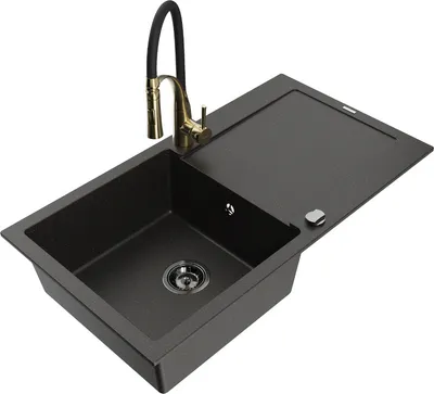 Produktbild von Mexen Leo 1 Becken-Granitspüle mit Abtropffläche und Mischbatterie Aster, Schwarz/Gold metallisch - 6501-75-73450-57-B